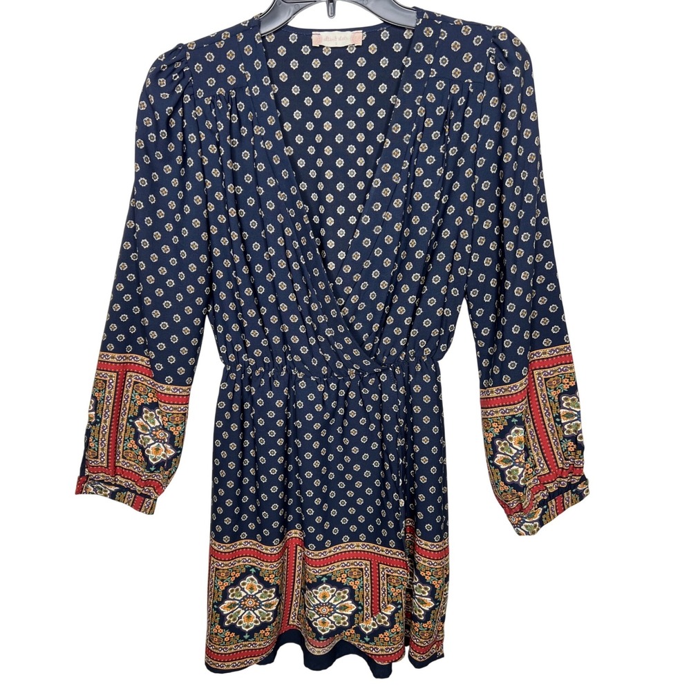 Altar'd State Womens Navy Blue Boho Floral Border Print Long Sleeve Mini Dress S